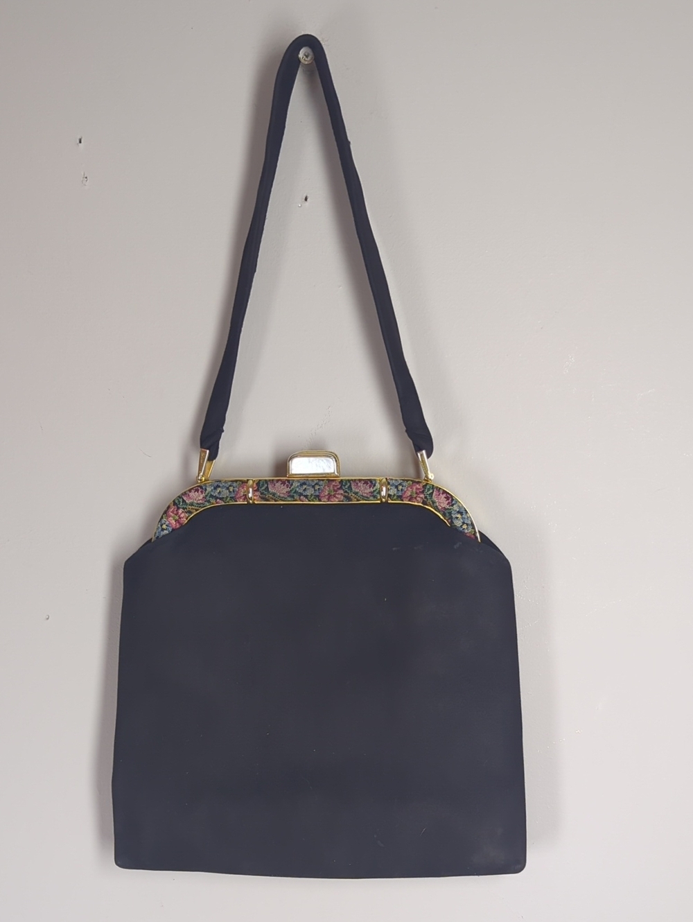Vintage Italian Black Evening Handbag Clutch Embroidery Floral Frame